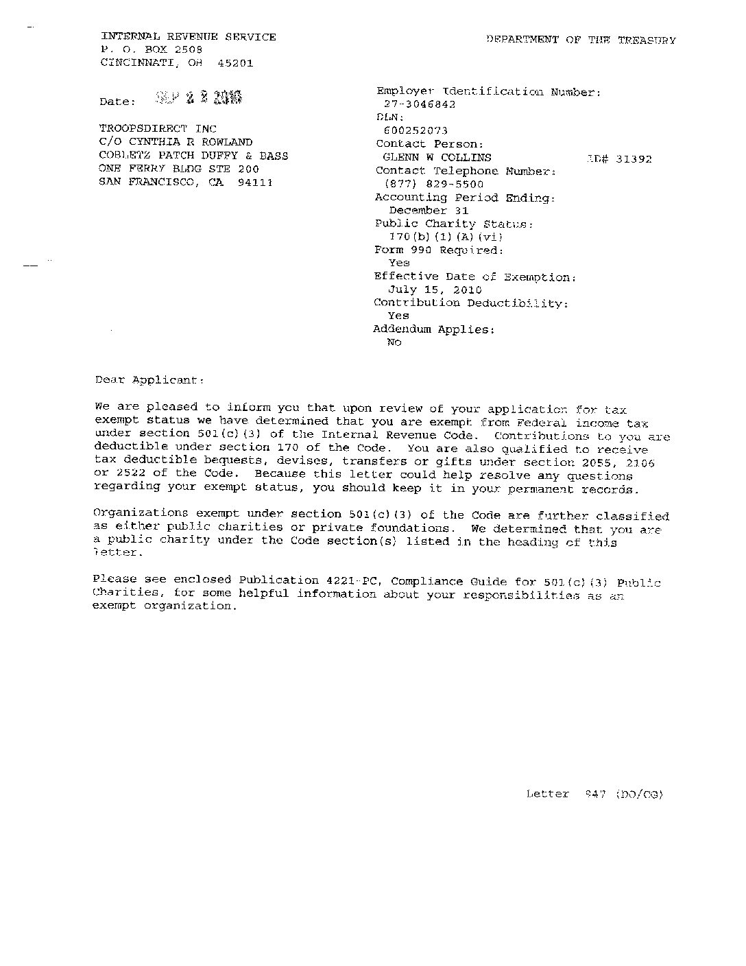 Troops Direct 501c3 With Address Change Addendum Pdf